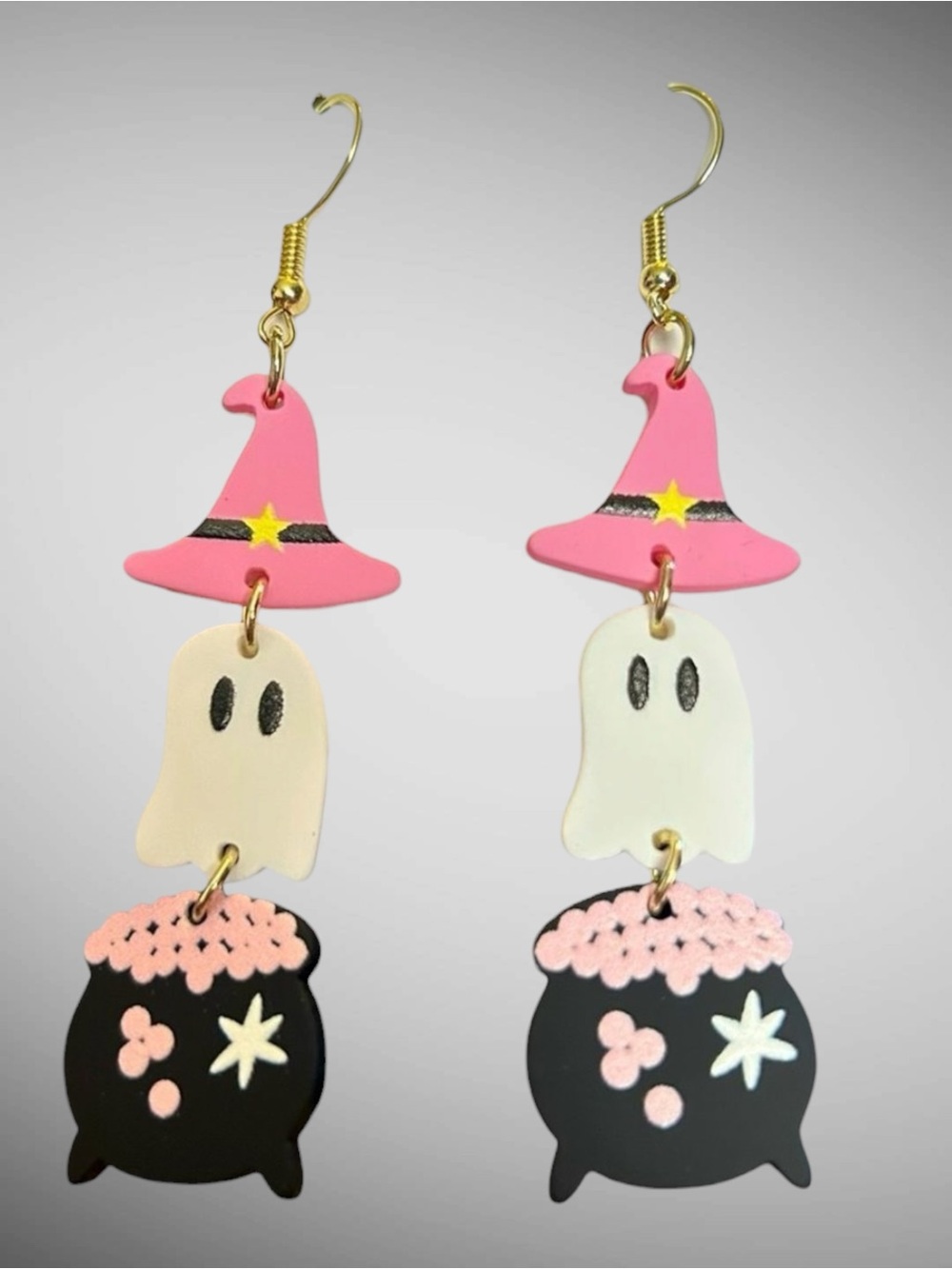 Pink Ghost Witch Hat Halloween Dangle Earrings Cauldron Lightweight NWT